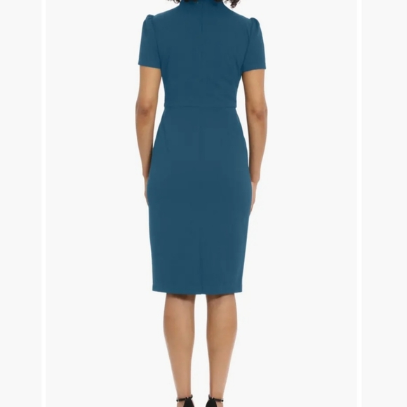 Maggy London Tie Neck Teal Dress - Picture 2 of 14